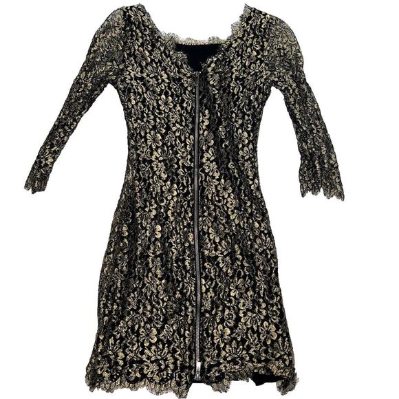 Diane Von Furstenberg Dress Size 2 Gold Metallic Lace Lined Long Sleeve Cocktail - Picture 10 of 15